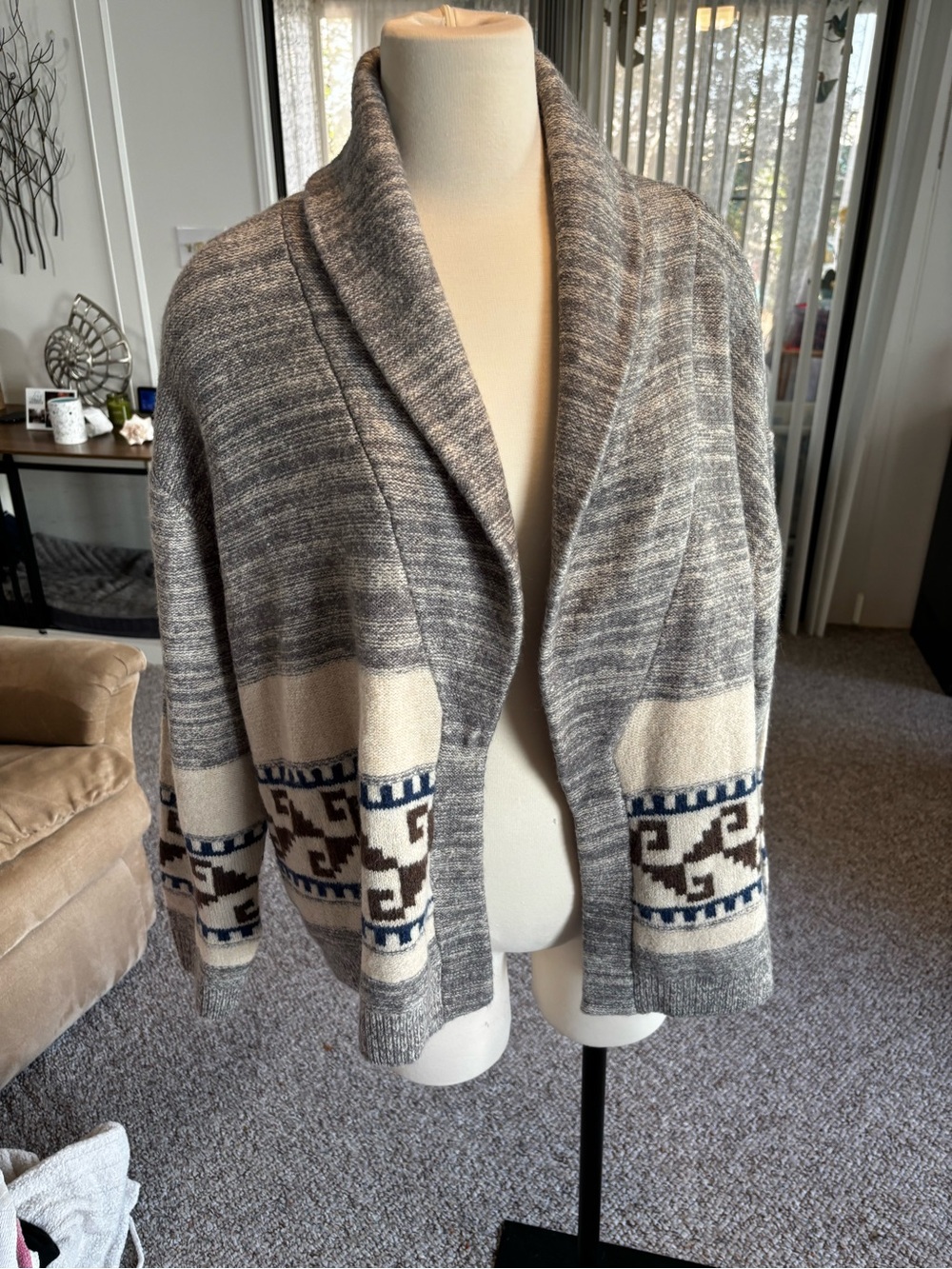 Lucky Brand Grey, Cream & Navy Patterned Shawl Cardigan